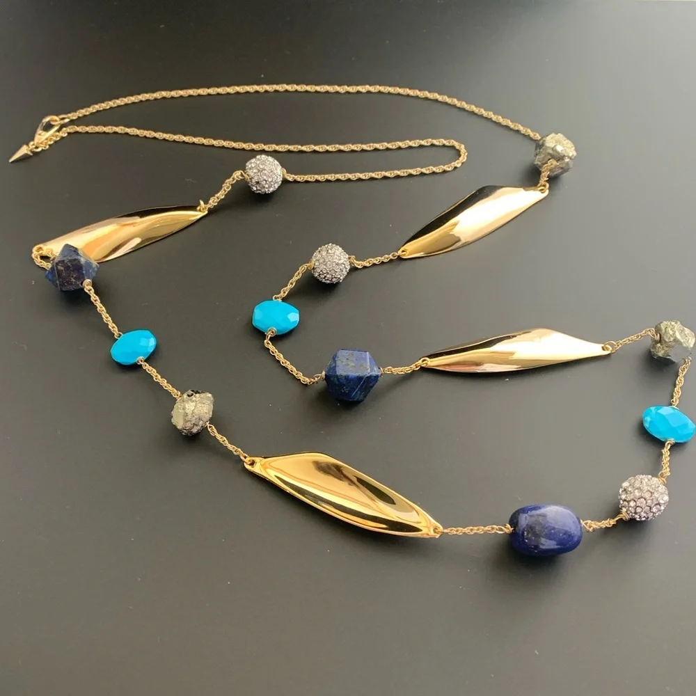 ALEXIS BITTAR NEW Gold Long Lapis Turquoise Pyrite Bead Chain  Gemstone Necklace